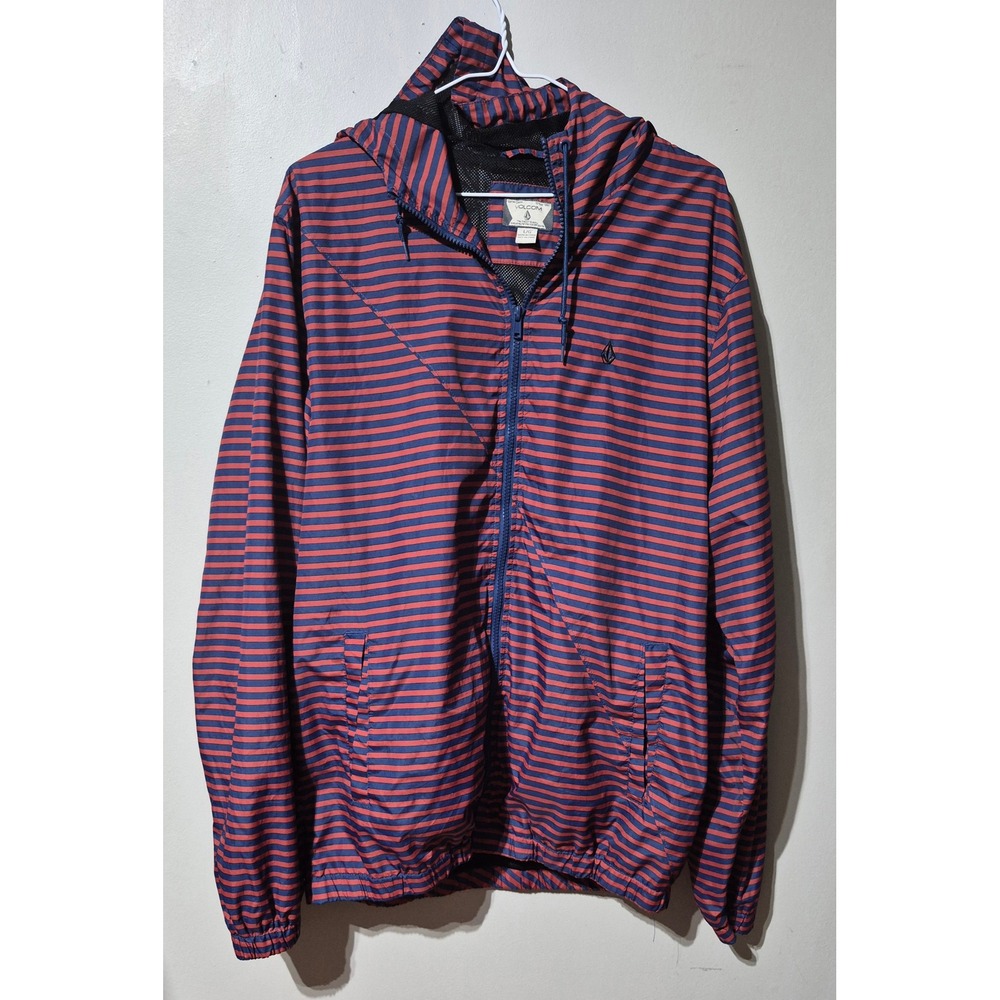 Volcom Forwarder Jacket Mens Large Red Blue Striped Hooded Windbreaker A1531302